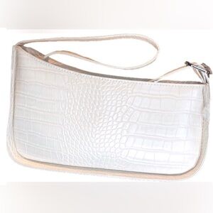 Ivory Crocodile-Embossed Faux Leather Shoulder Bag